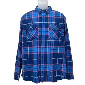 Quicksilver Men Large Flannel Blue Pink Plaid Long Sleeve Button-Up Regular‎ Fit